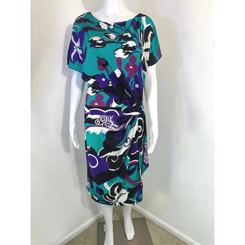 Vtg Escada Sz 38 Tropical Floral Faux Wrap Dress Resort Cruise Knee Length